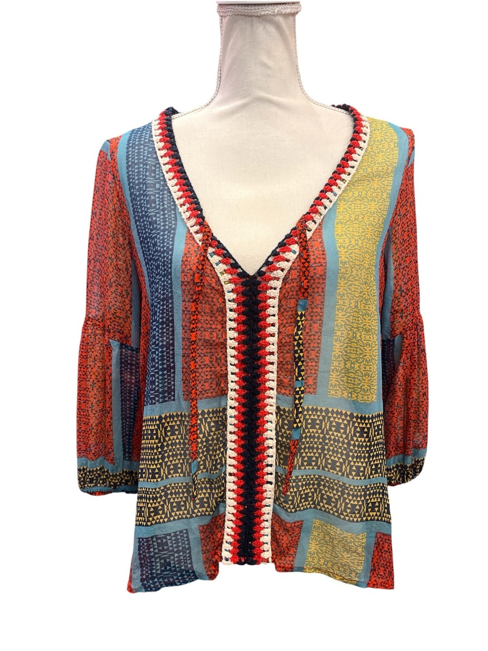 Gypsy 05 Global Village 100% Silk Patchwork Crochet Boho Blouse Top XS - Picture 2 of 14